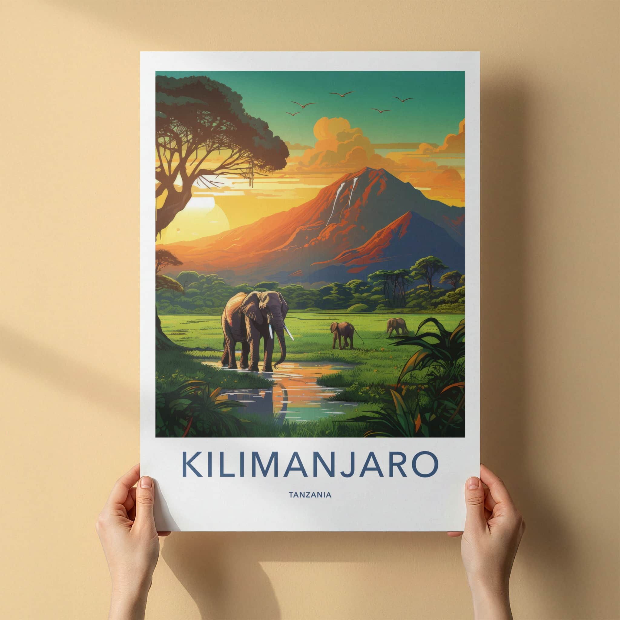 Kilimanjaro Poster - Tanzania Travel Art - Elephants Golden Sunset Home Decor