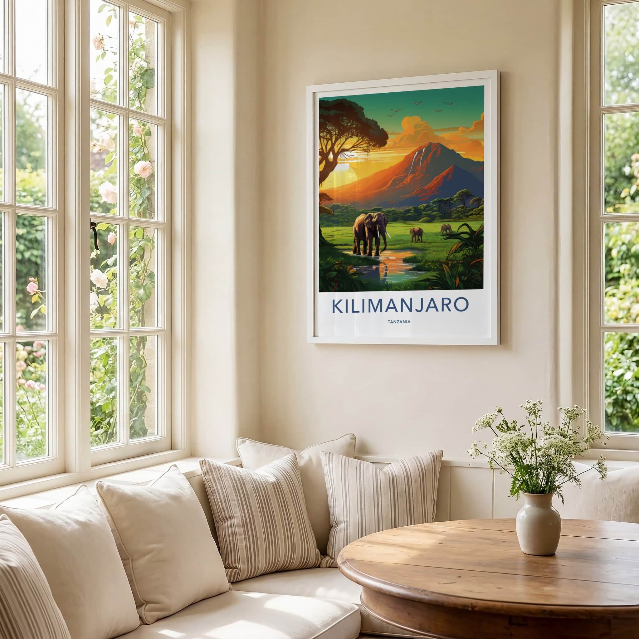 Kilimanjaro Poster - Tanzania Travel Art - Elephants Golden Sunset Home Decor