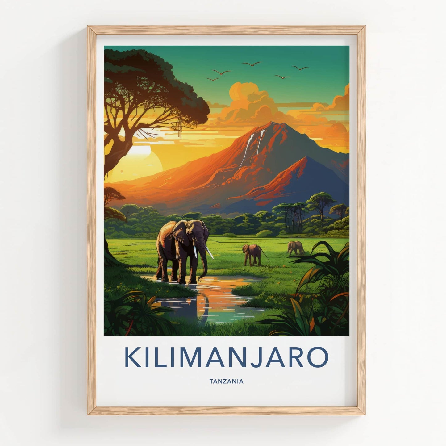 Kilimanjaro Poster - Tanzania Travel Art - Elephants Golden Sunset Home Decor