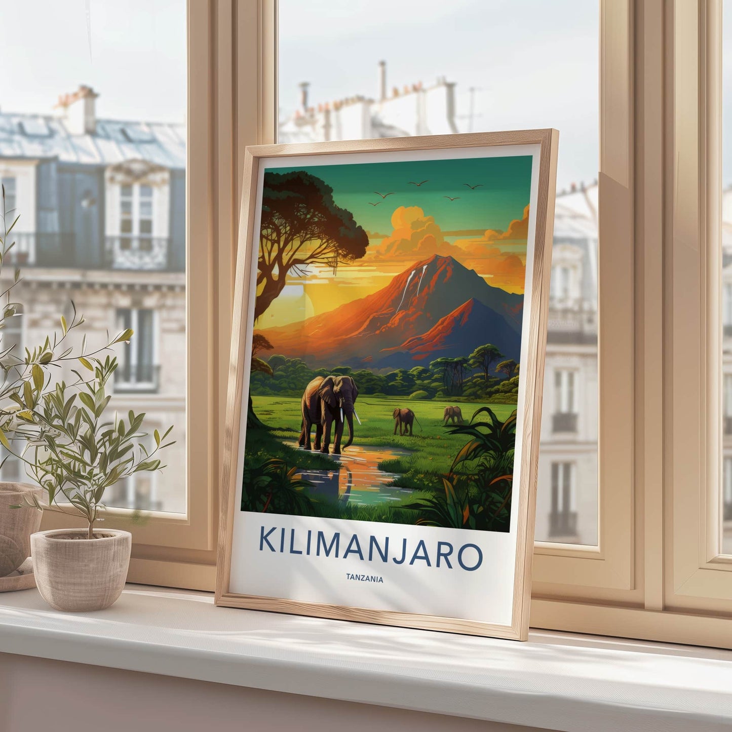 Kilimanjaro Poster - Tanzania Travel Art - Elephants Golden Sunset Home Decor
