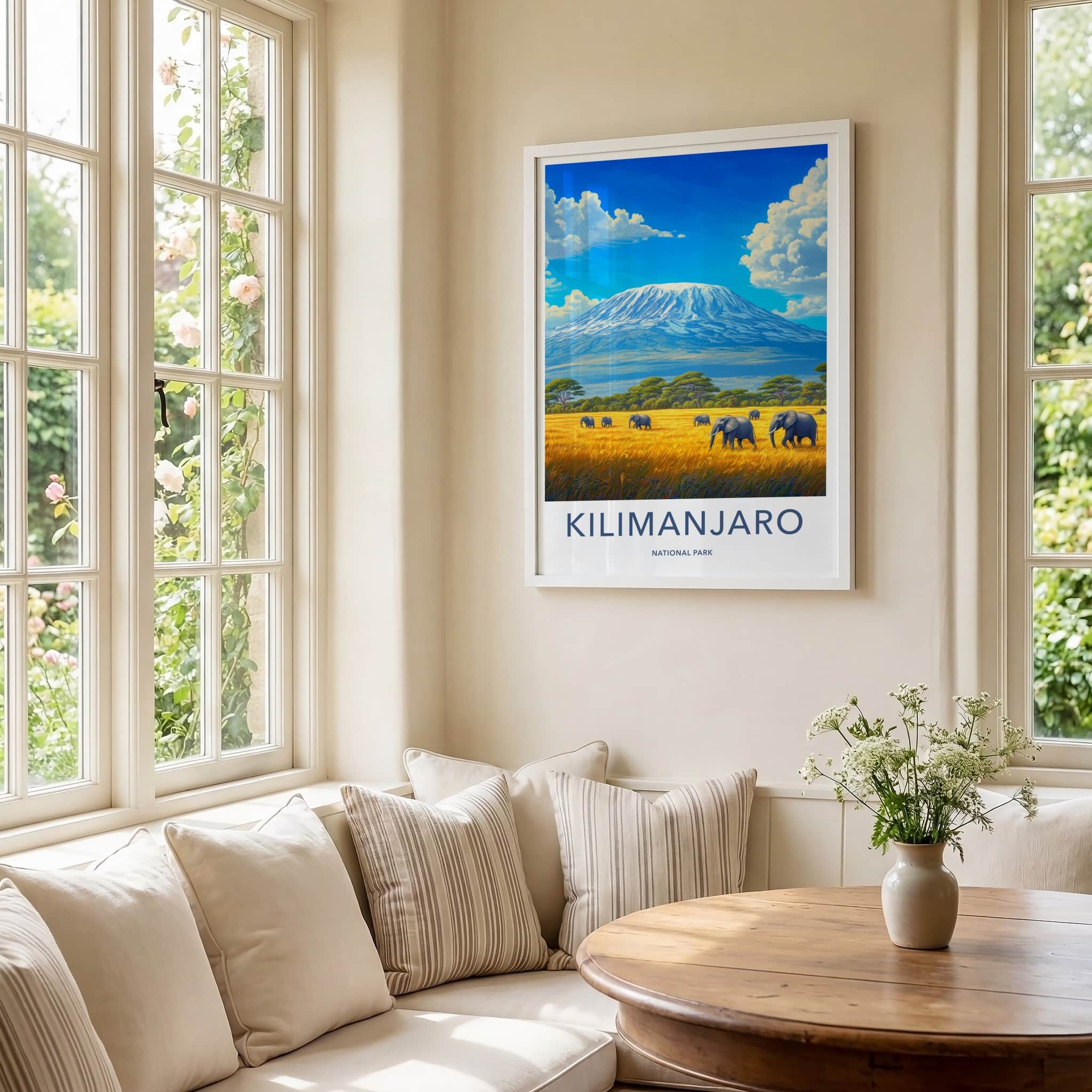 Kilimanjaro Poster - Tanzania Travel Art - Elephants Mountain Savanna Home Decor