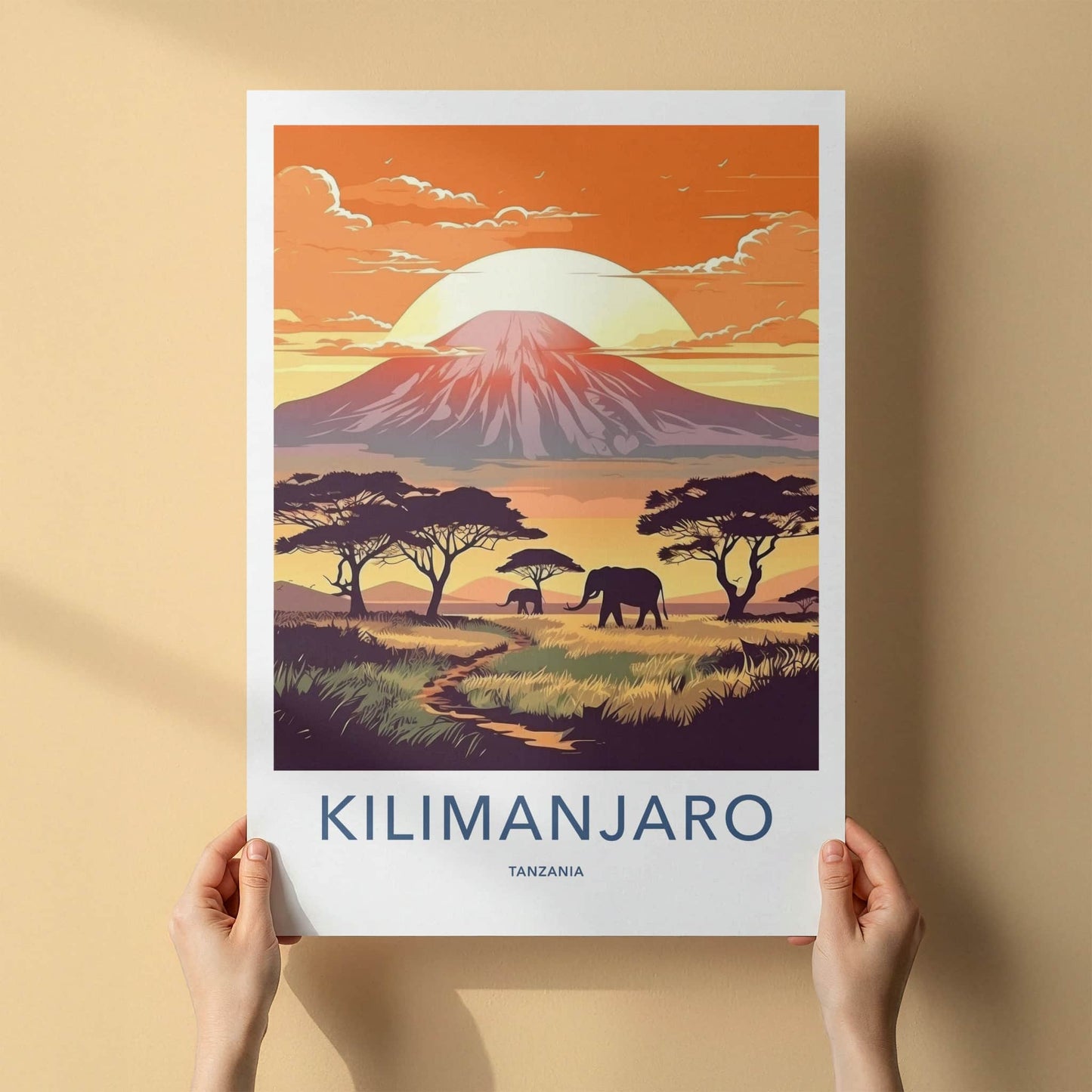 Kilimanjaro Poster - Tanzania Travel Art - Elephants Sunset Mountain Home Decor