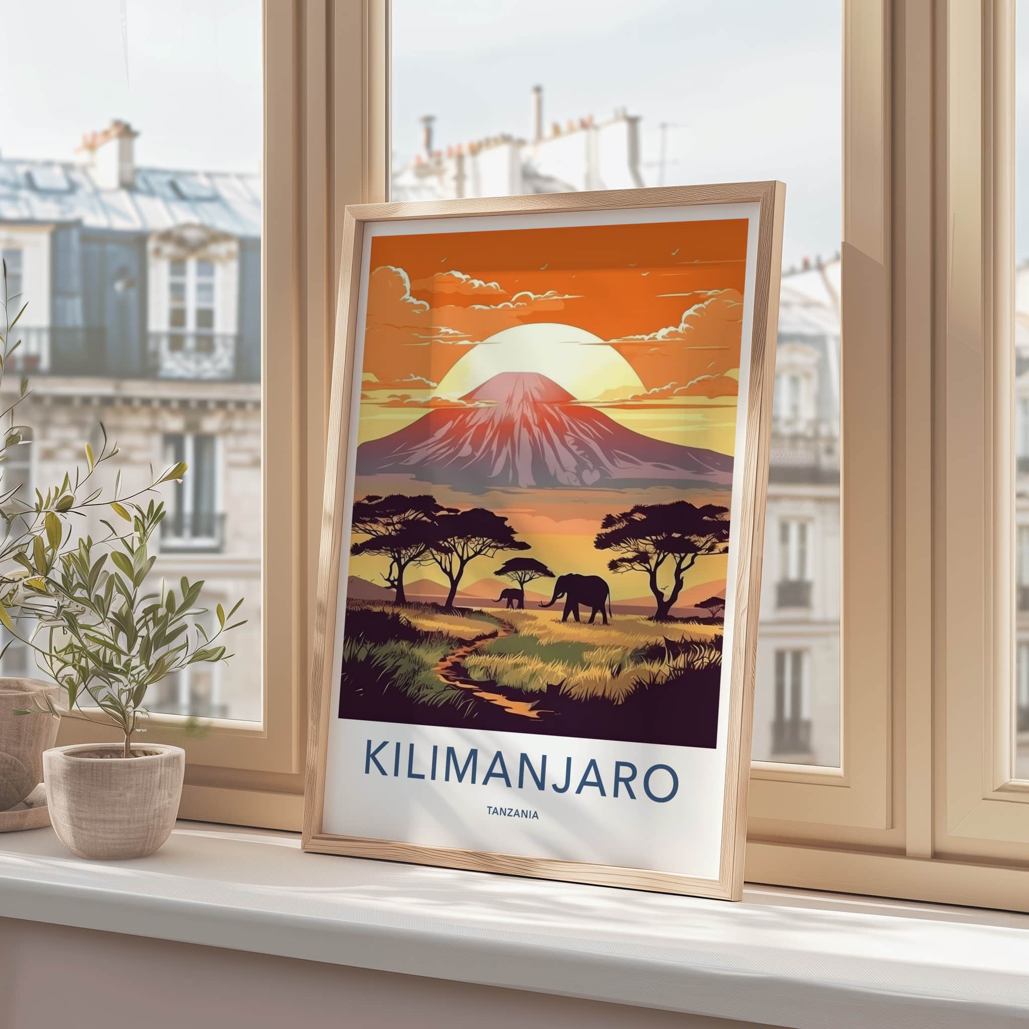 Kilimanjaro Poster - Tanzania Travel Art - Elephants Sunset Mountain Home Decor
