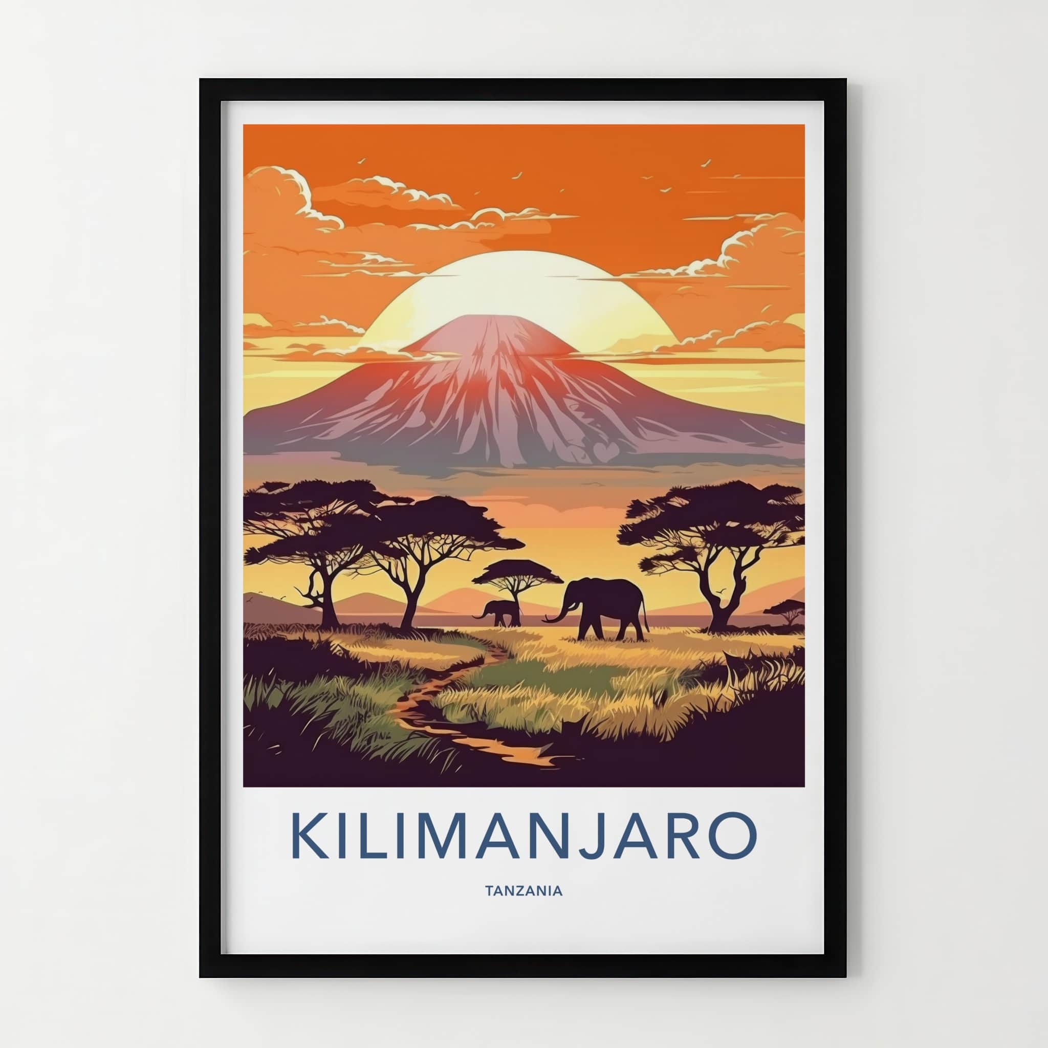 Kilimanjaro Poster - Tanzania Travel Art - Elephants Sunset Mountain Home Decor