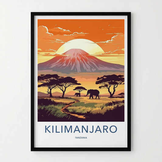 Kilimanjaro Poster - Tanzania Travel Art - Elephants Sunset Mountain Home Decor