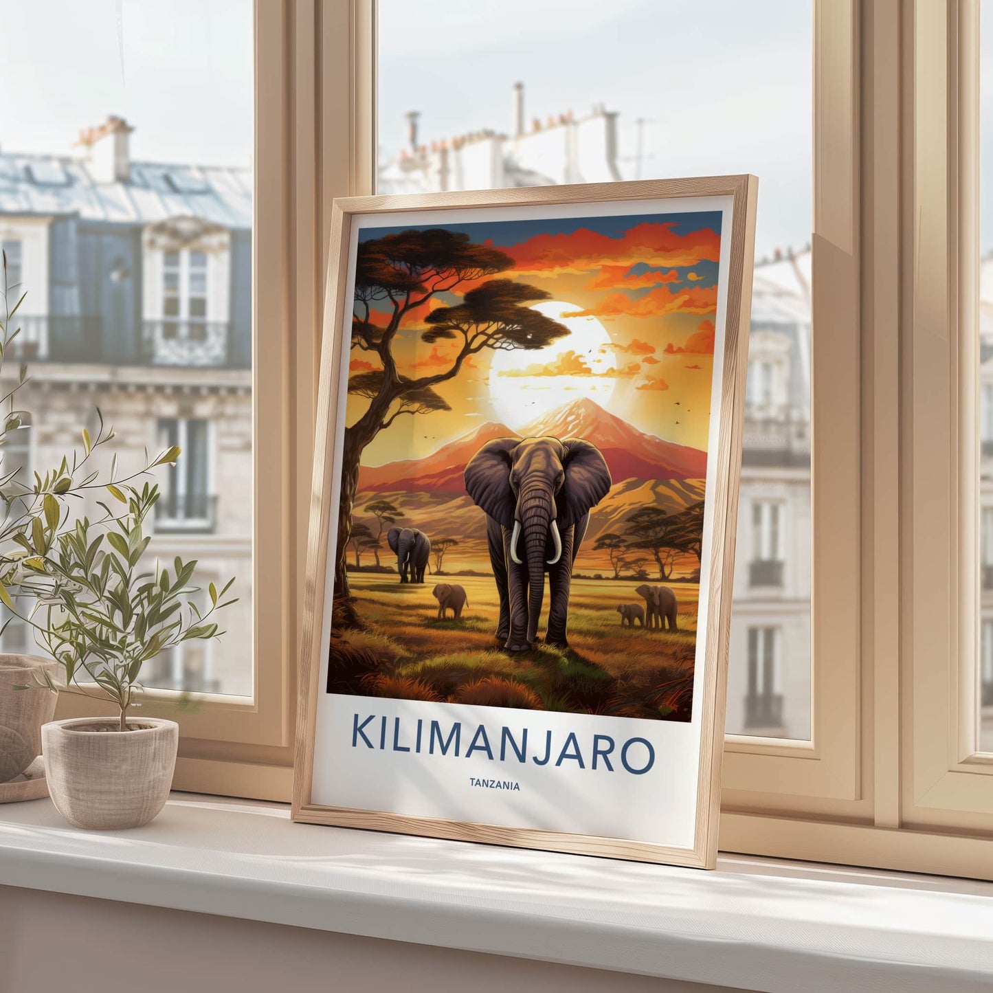Kilimanjaro Poster - Tanzania Travel Art - Elephants Sunset Savanna Home Decor