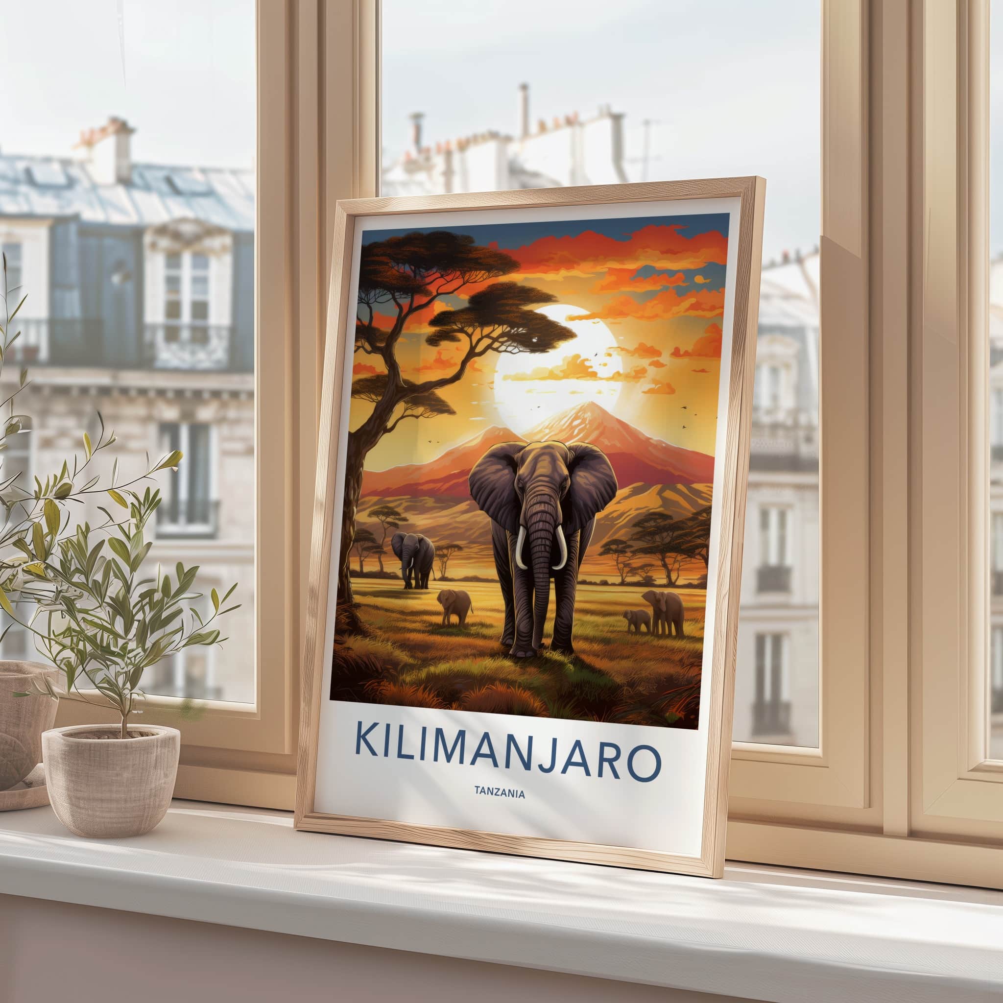 Kilimanjaro Poster - Tanzania Travel Art - Elephants Sunset Savanna Home Decor