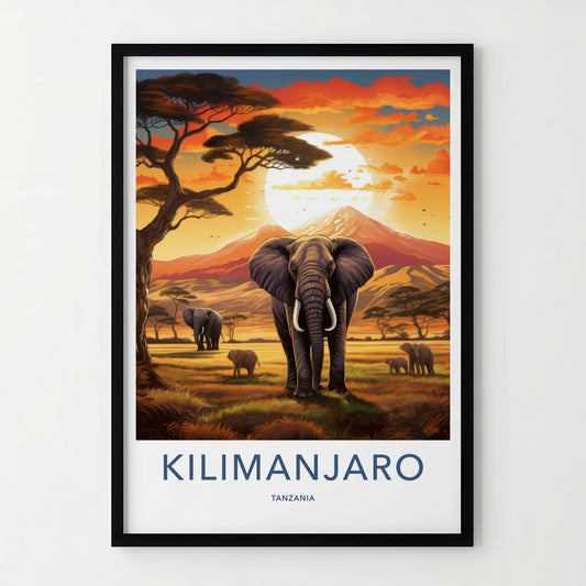 Kilimanjaro Poster - Tanzania Travel Art - Elephants Sunset Savanna Home Decor