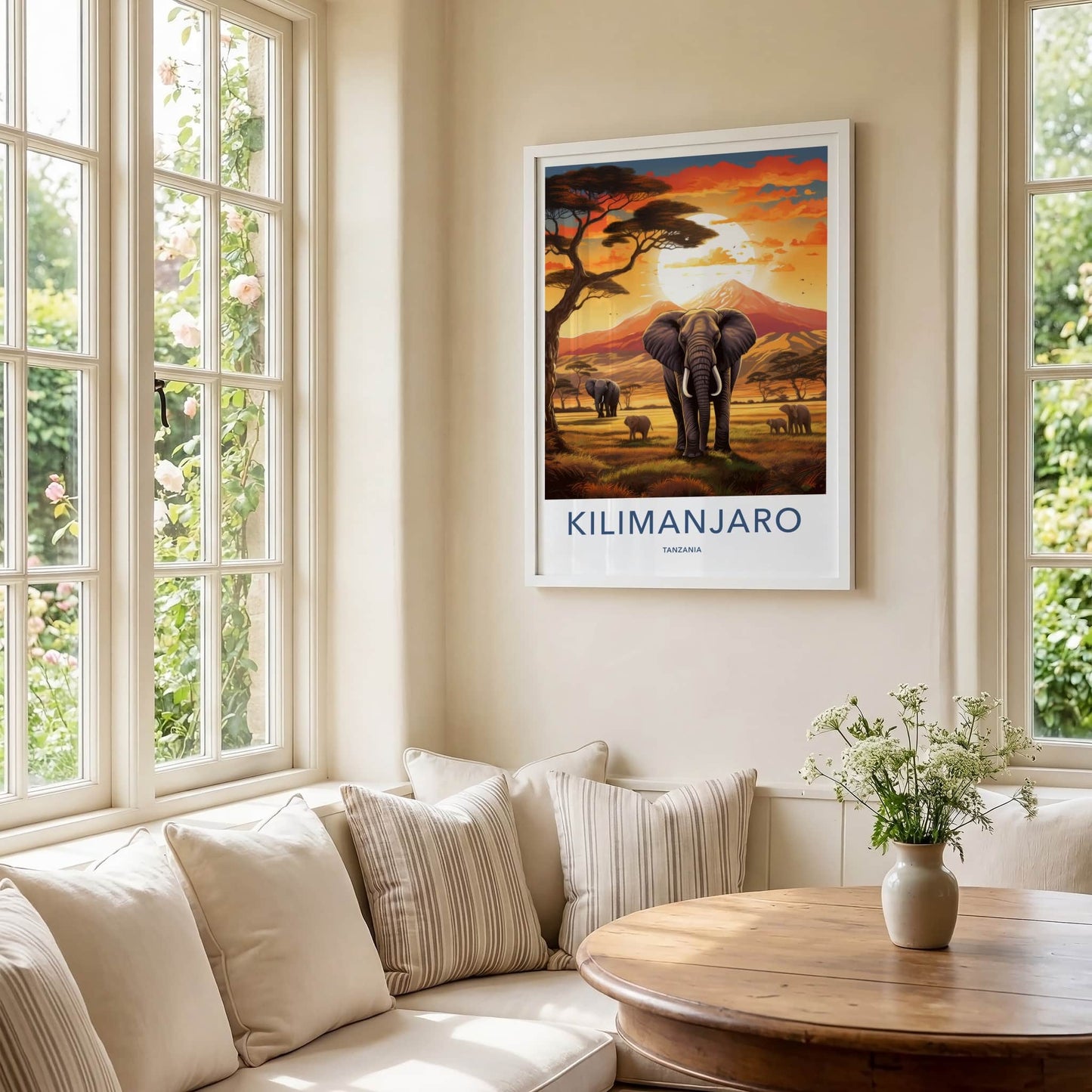 Kilimanjaro Poster - Tanzania Travel Art - Elephants Sunset Savanna Home Decor