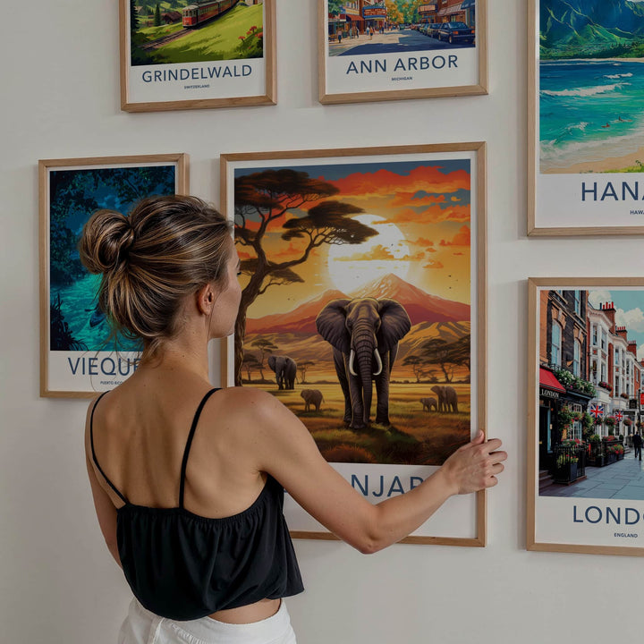 Kilimanjaro Poster - Tanzania Travel Art - Elephants Sunset Savanna Home Decor