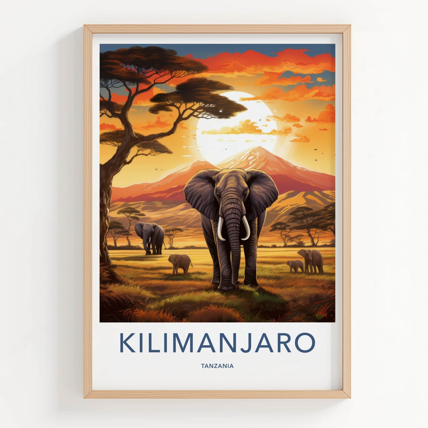 Kilimanjaro Poster - Tanzania Travel Art - Elephants Sunset Savanna Home Decor
