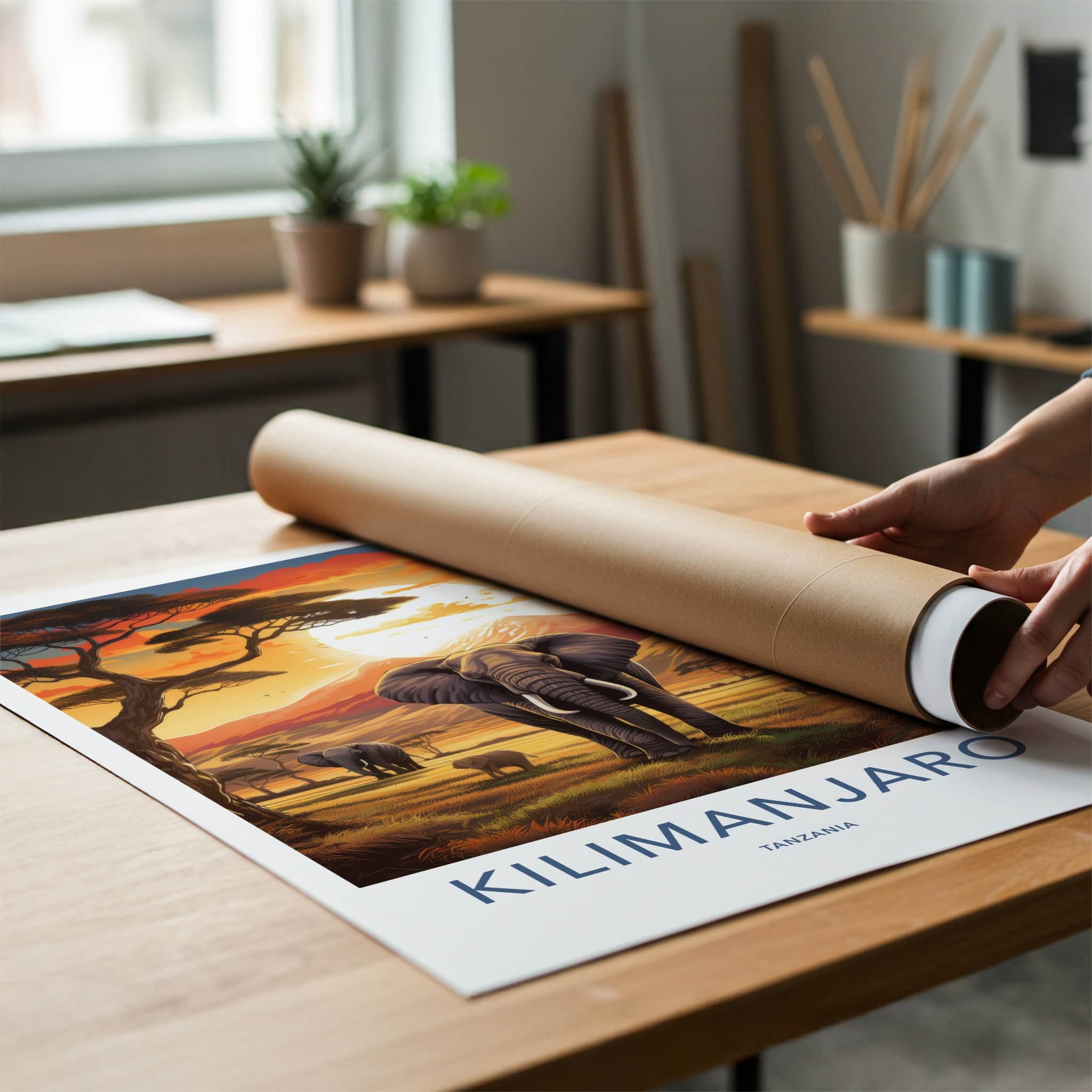 Kilimanjaro Poster - Tanzania Travel Art - Elephants Sunset Savanna Home Decor