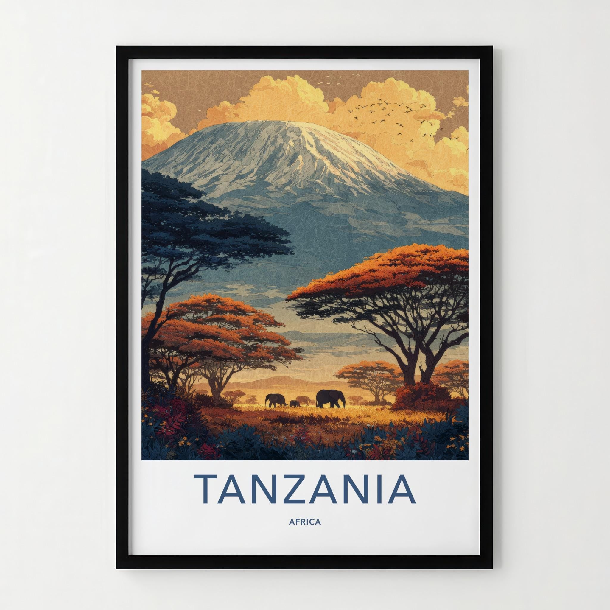 Kilimanjaro Poster - Tanzania Travel Art - Elephants Sunset Savanna Home Decor