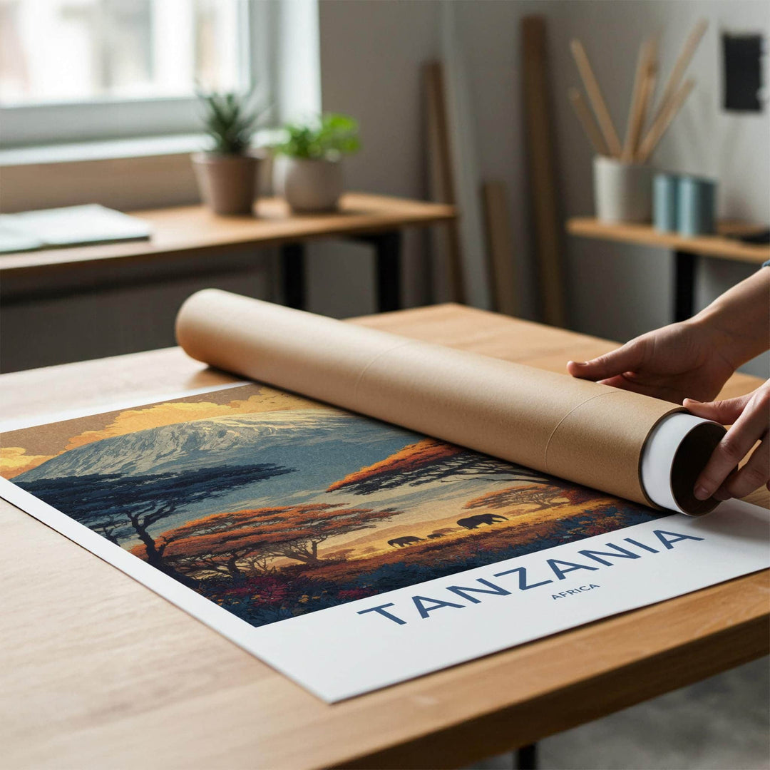 Kilimanjaro Poster - Tanzania Travel Art - Elephants Sunset Savanna Home Decor