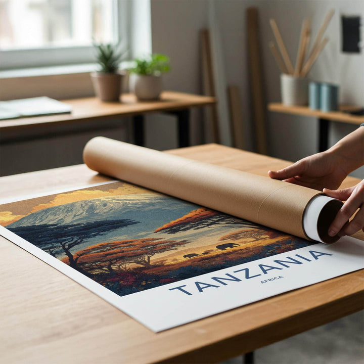 Kilimanjaro Poster - Tanzania Travel Art - Elephants Sunset Savanna Home Decor
