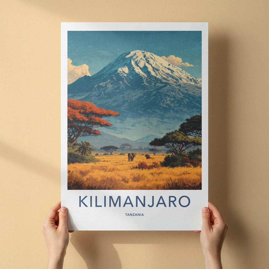 Kilimanjaro Poster - Tanzania Travel Art - Savanna Elephants Peak Home Decor