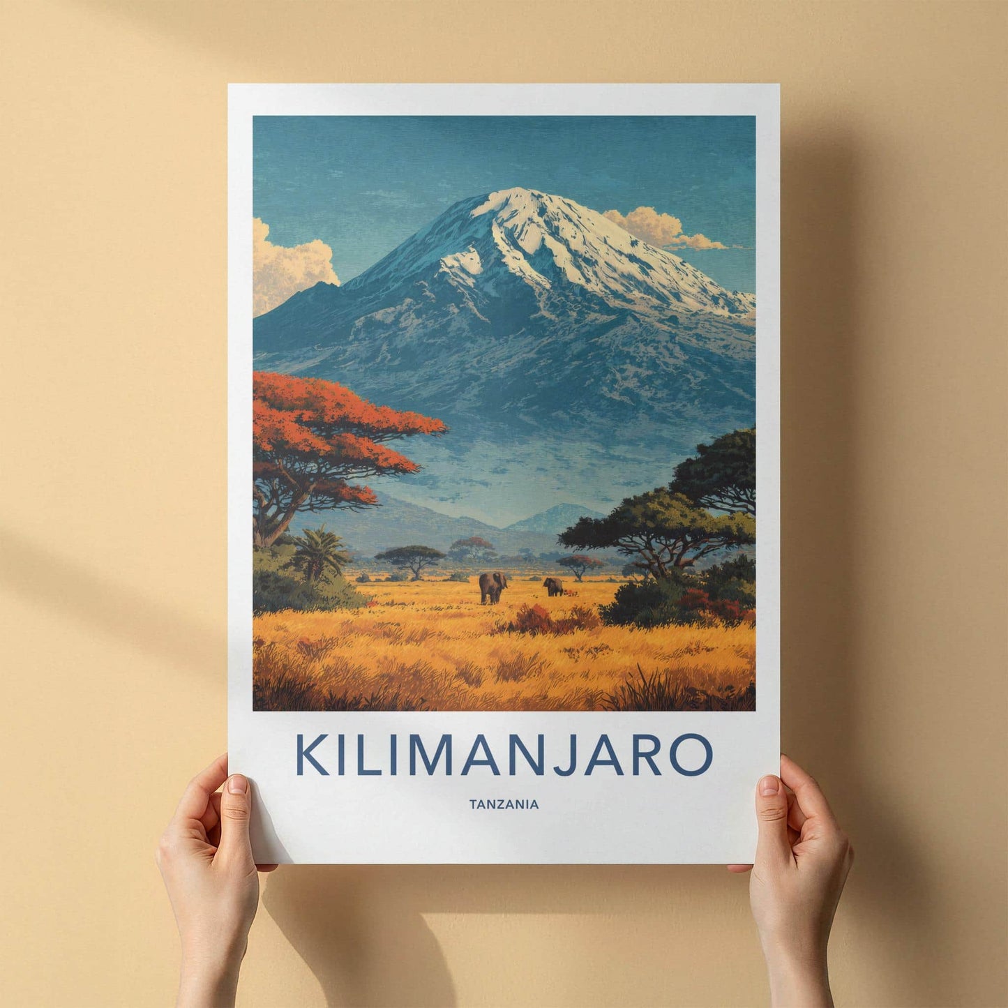 Kilimanjaro Poster - Tanzania Travel Art - Savanna Elephants Peak Home Decor