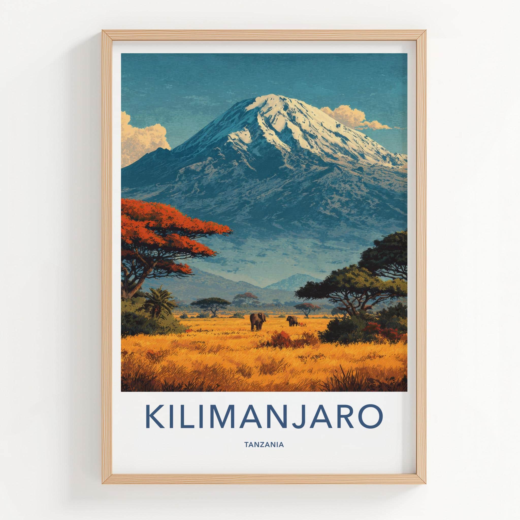Kilimanjaro Poster - Tanzania Travel Art - Savanna Elephants Peak Home Decor
