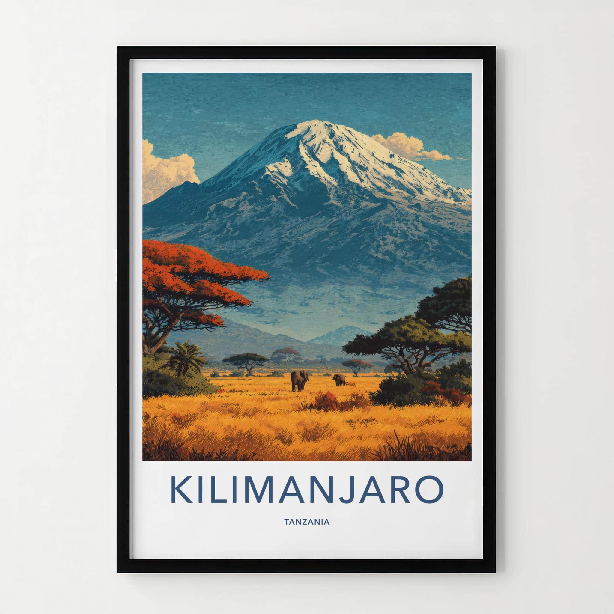 Kilimanjaro Poster - Tanzania Travel Art - Savanna Elephants Peak Home Decor