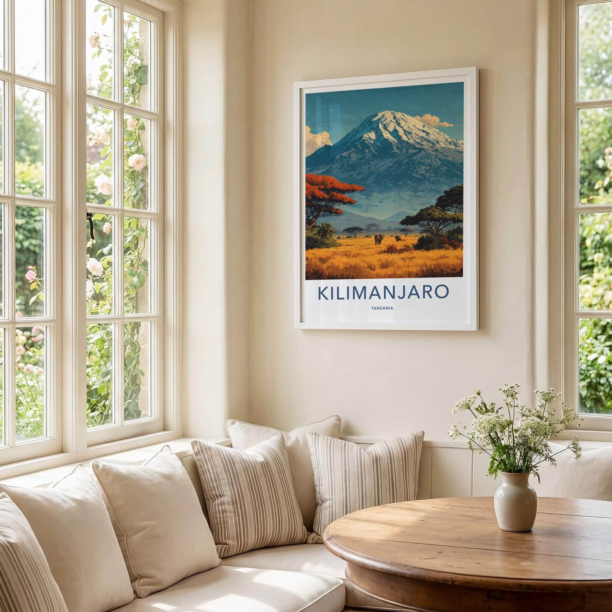 Kilimanjaro Poster - Tanzania Travel Art - Savanna Elephants Peak Home Decor