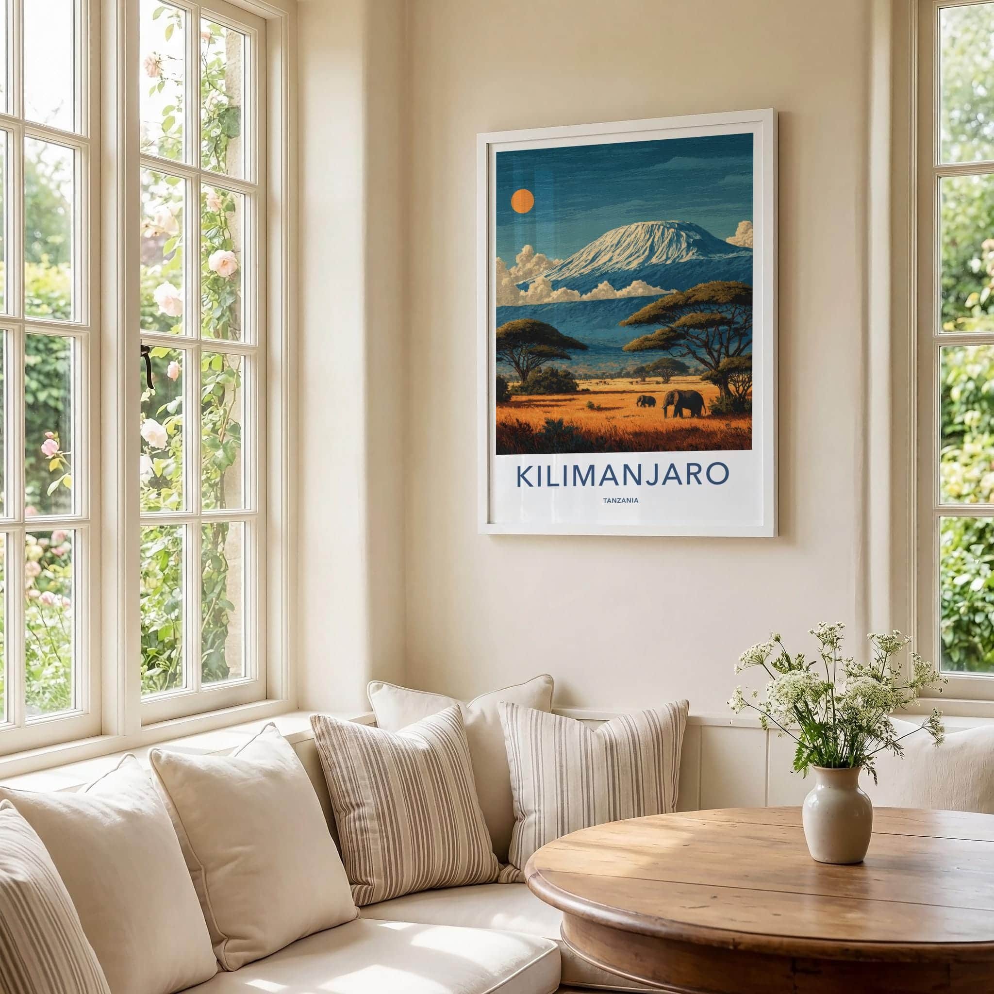 Kilimanjaro Poster - Tanzania Travel Art - Savanna Elephants Sunset Home Decor
