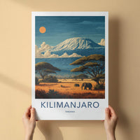 Kilimanjaro Poster - Tanzania Travel Art - Savanna Elephants Sunset Home Decor