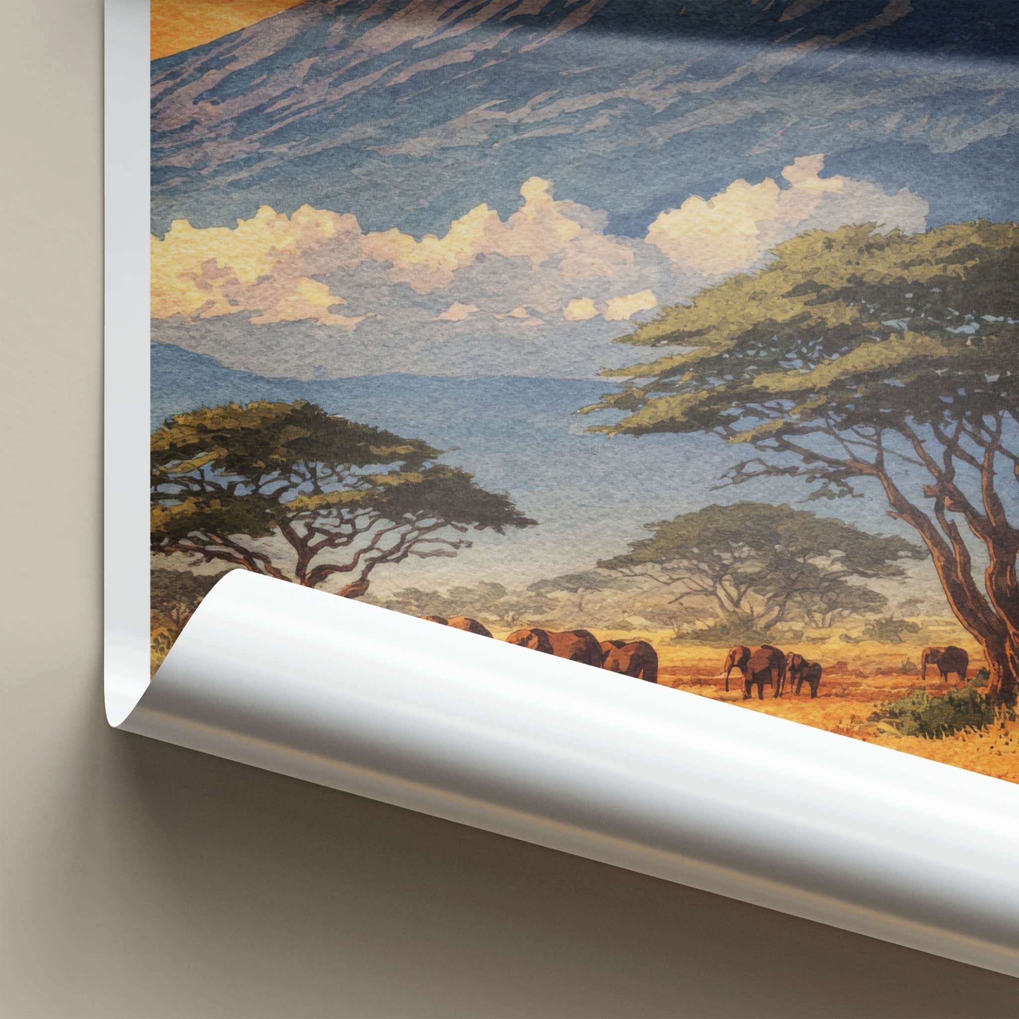 Kilimanjaro Poster - Tanzania Travel Print - Sunset Elephant Wildlife Home Decor