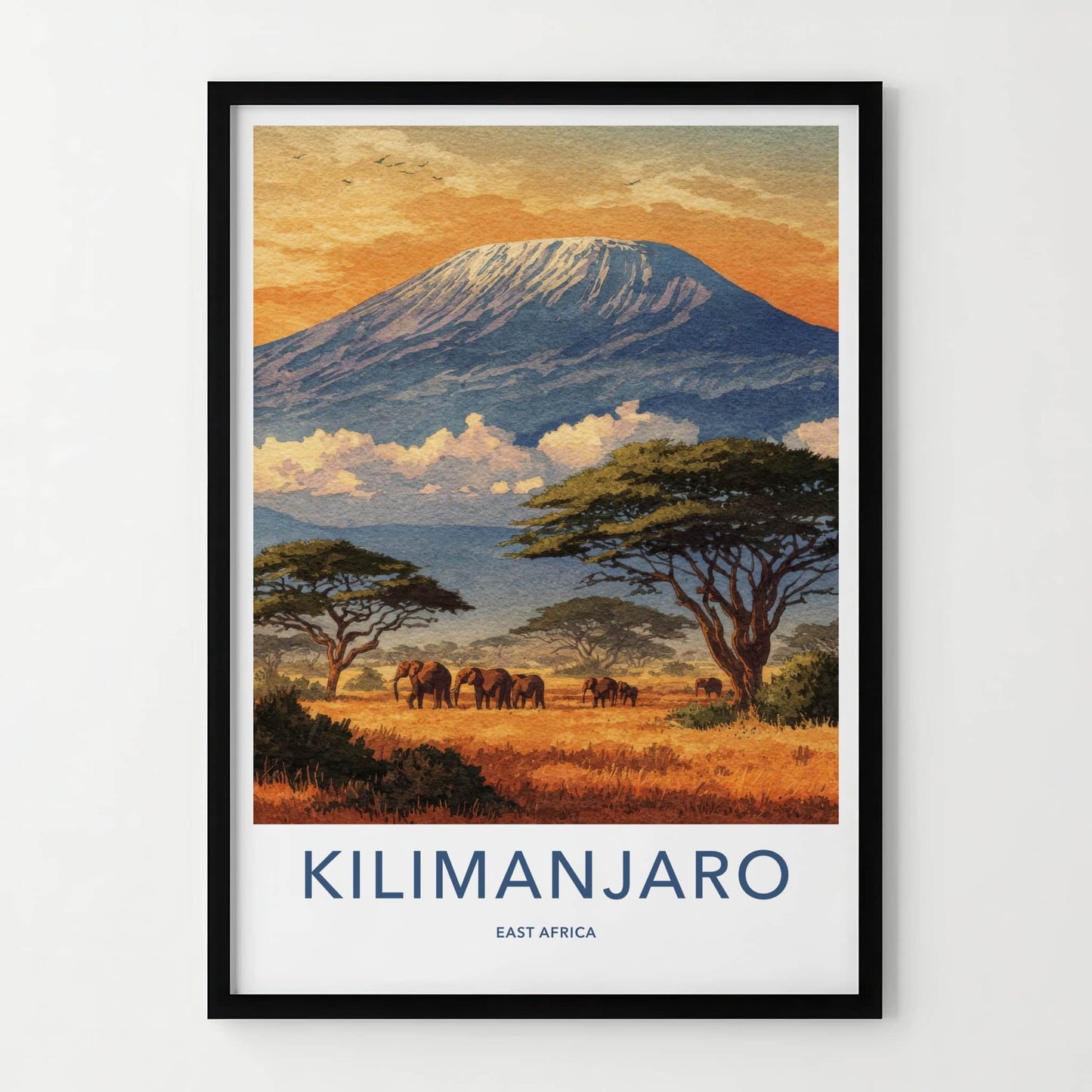 Kilimanjaro Poster - Tanzania Travel Print - Sunset Elephant Wildlife Home Decor