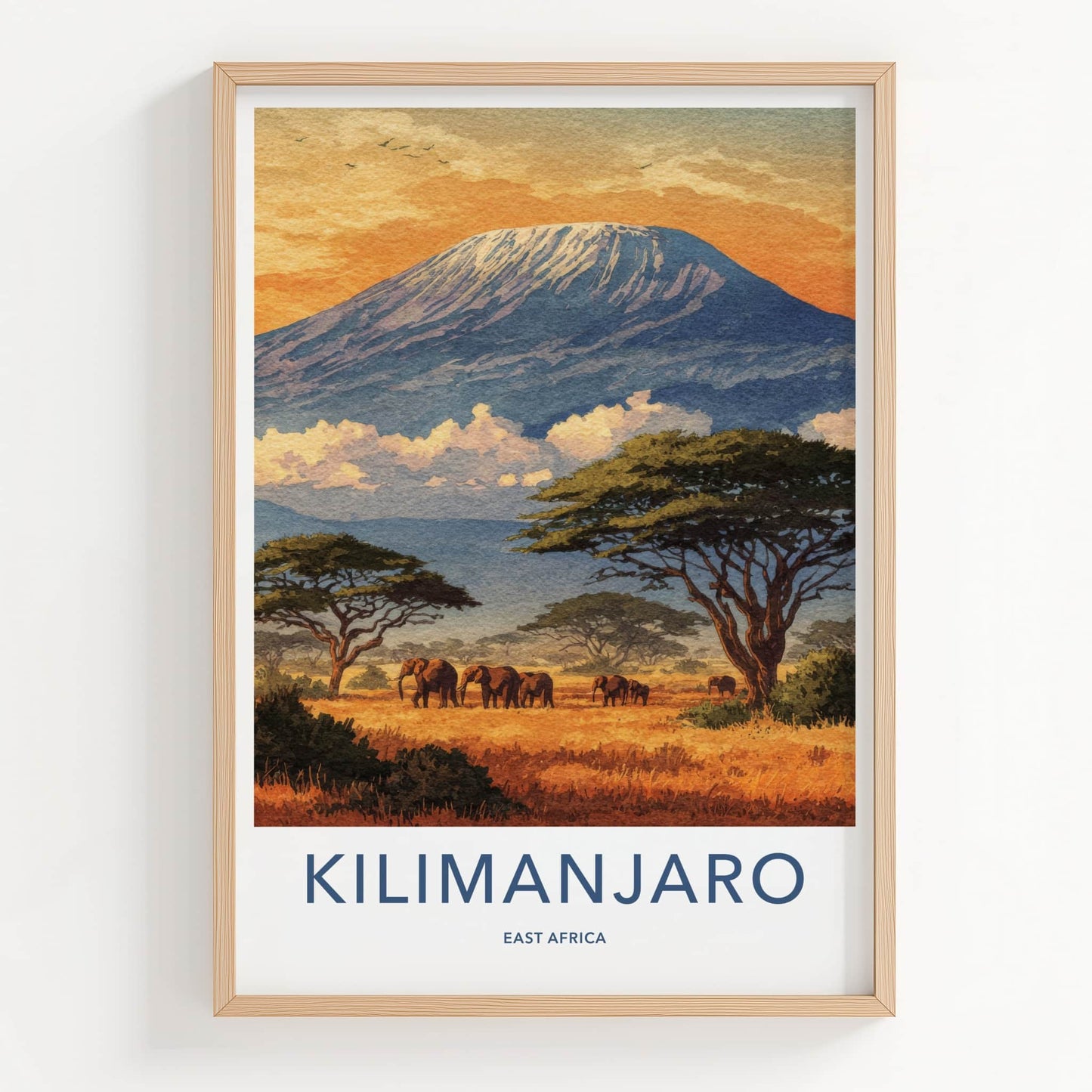 Kilimanjaro Poster - Tanzania Travel Print - Sunset Elephant Wildlife Home Decor
