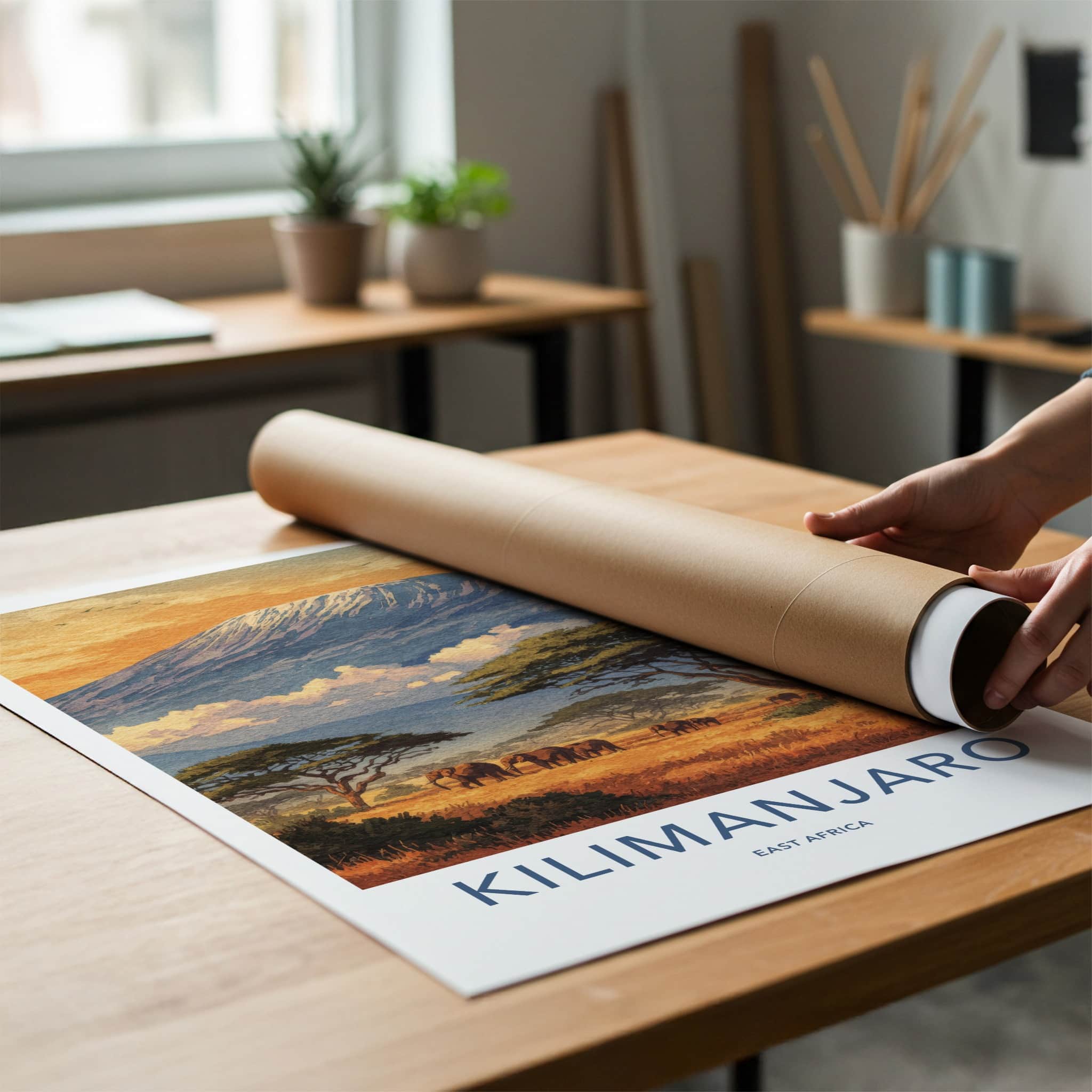 Kilimanjaro Poster - Tanzania Travel Print - Sunset Elephant Wildlife Home Decor