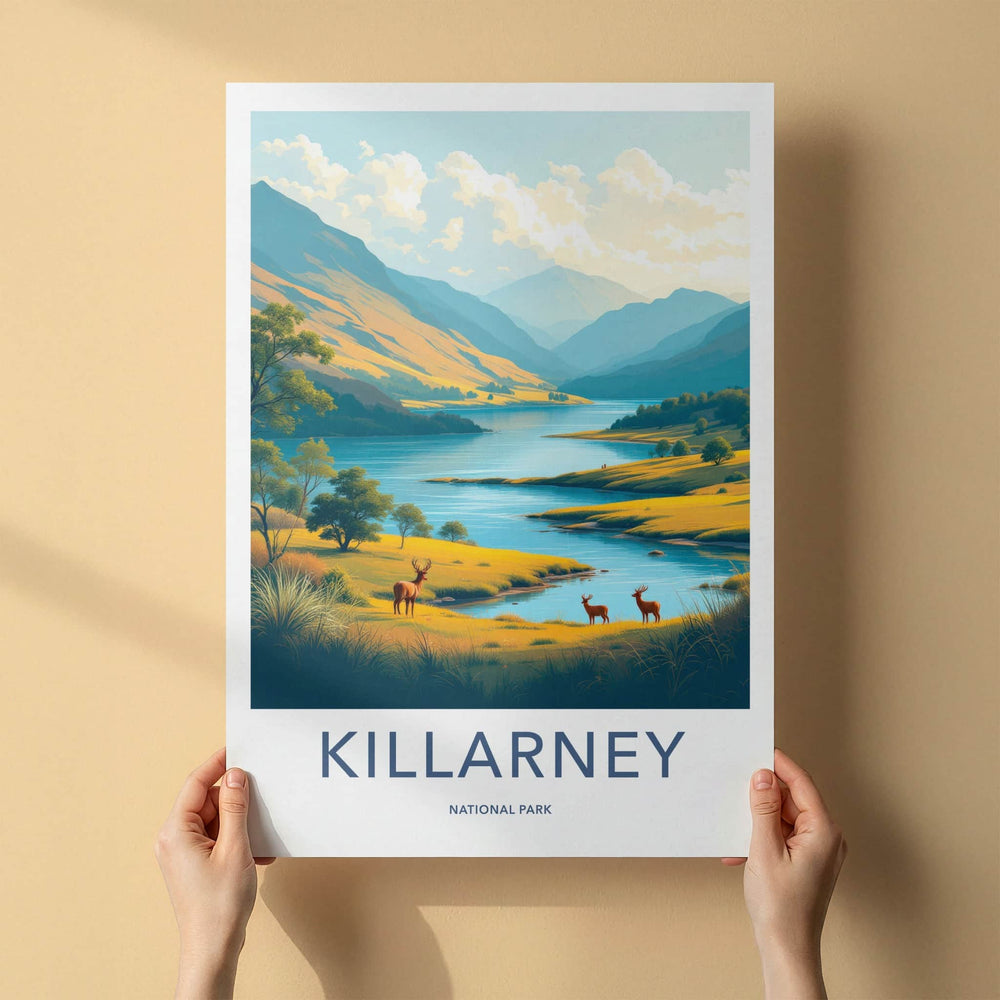 Killarney Poster - Ireland Travel Art - Mountain Lake Deer Home Decor