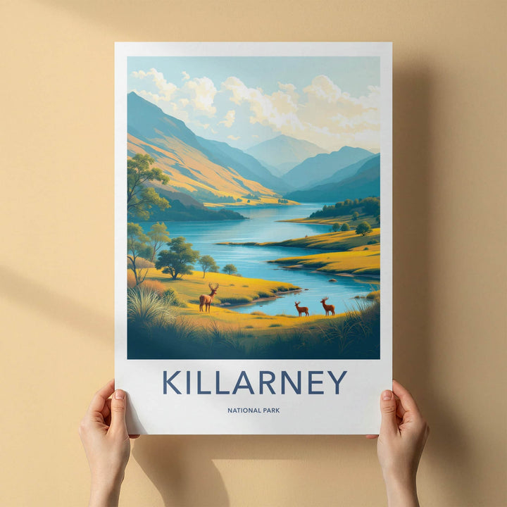 Killarney Poster - Ireland Travel Art - Mountain Lake Deer Home Decor