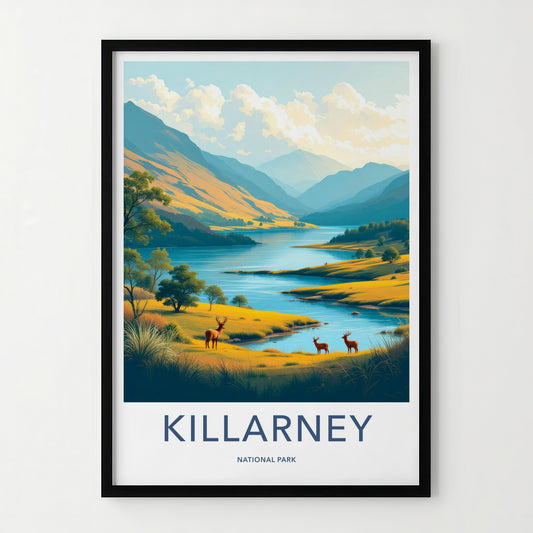 Killarney Poster - Ireland Travel Art - Mountain Lake Deer Home Decor