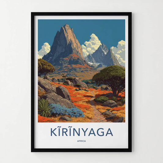 Kirinyaga Poster - Kenya Travel Art - Mountain Path Blue Flowers Home Decor