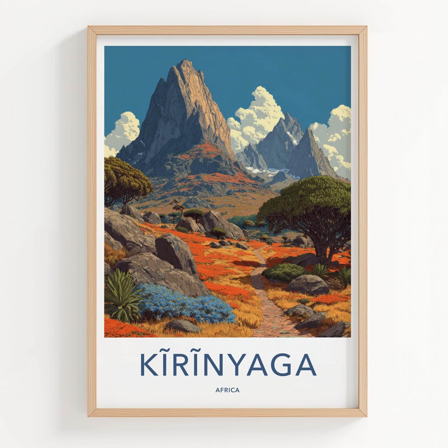 Kirinyaga Poster - Kenya Travel Art - Mountain Path Blue Flowers Home Decor