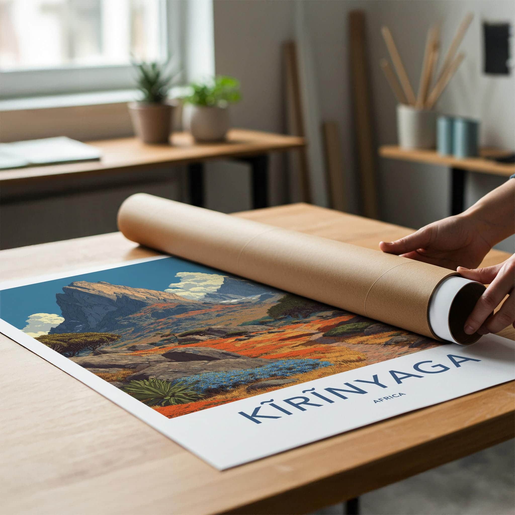 Kirinyaga Poster - Kenya Travel Art - Mountain Path Blue Flowers Home Decor