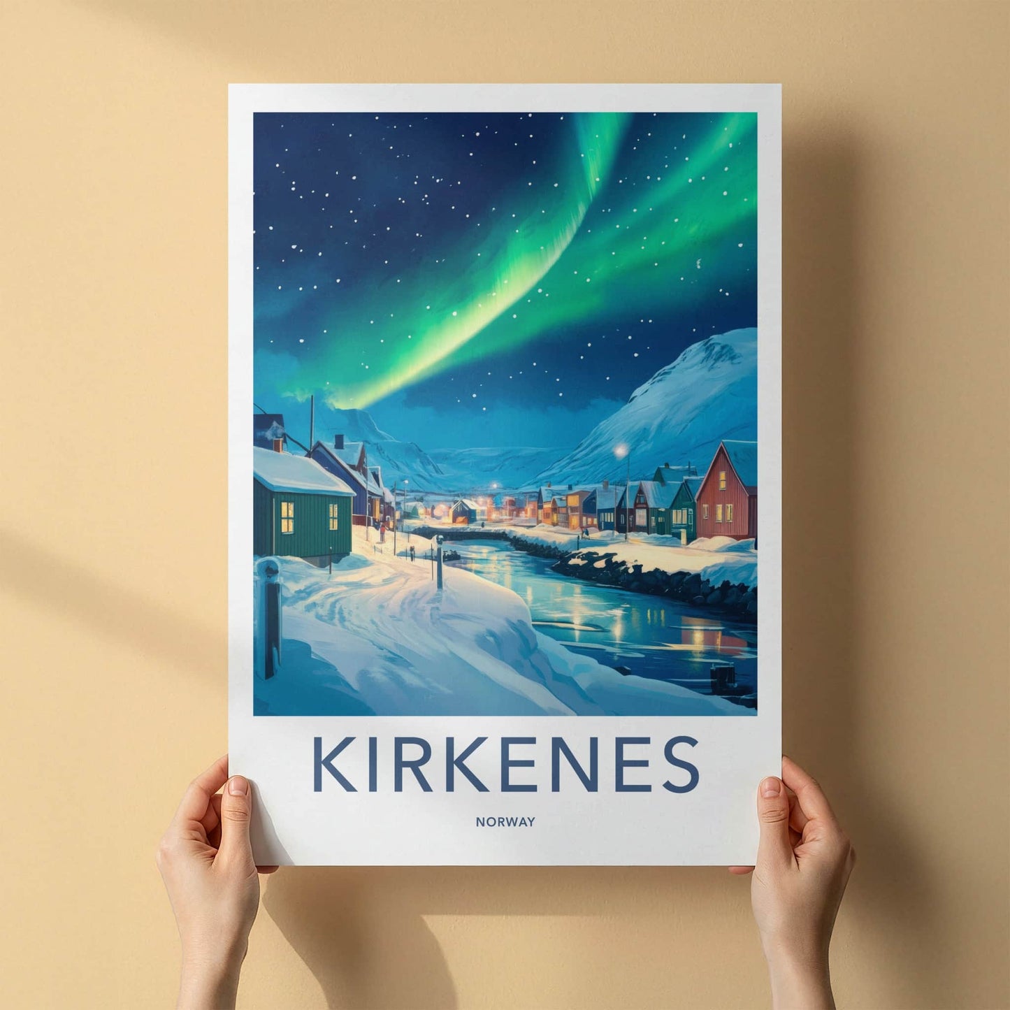 Kirkenes Poster - Norway Travel Art - Aurora Night Town Home Decor