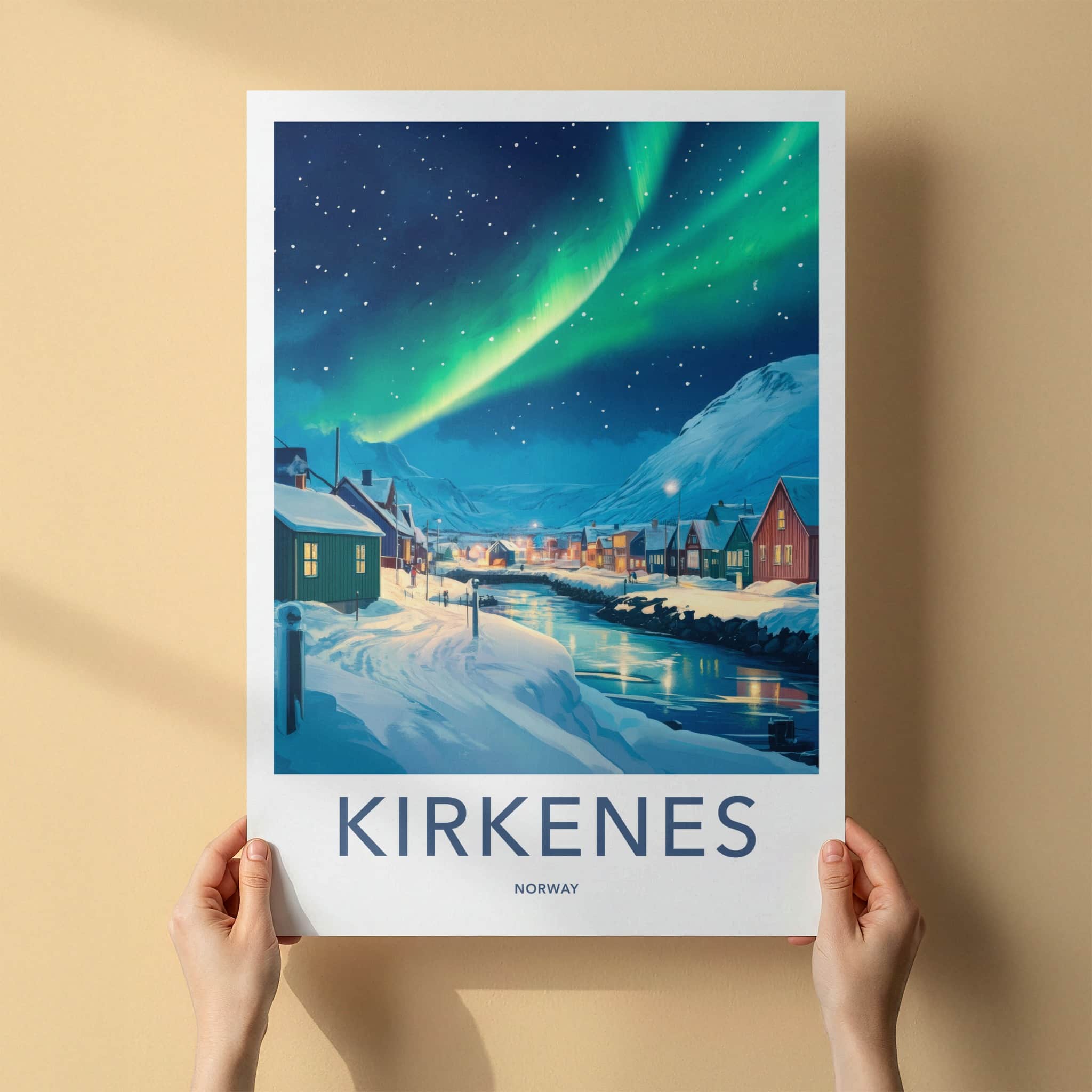 Kirkenes Poster - Norway Travel Art - Aurora Night Town Home Decor