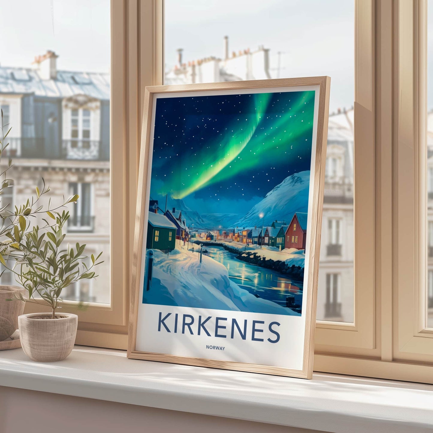 Kirkenes Poster - Norway Travel Art - Aurora Night Town Home Decor