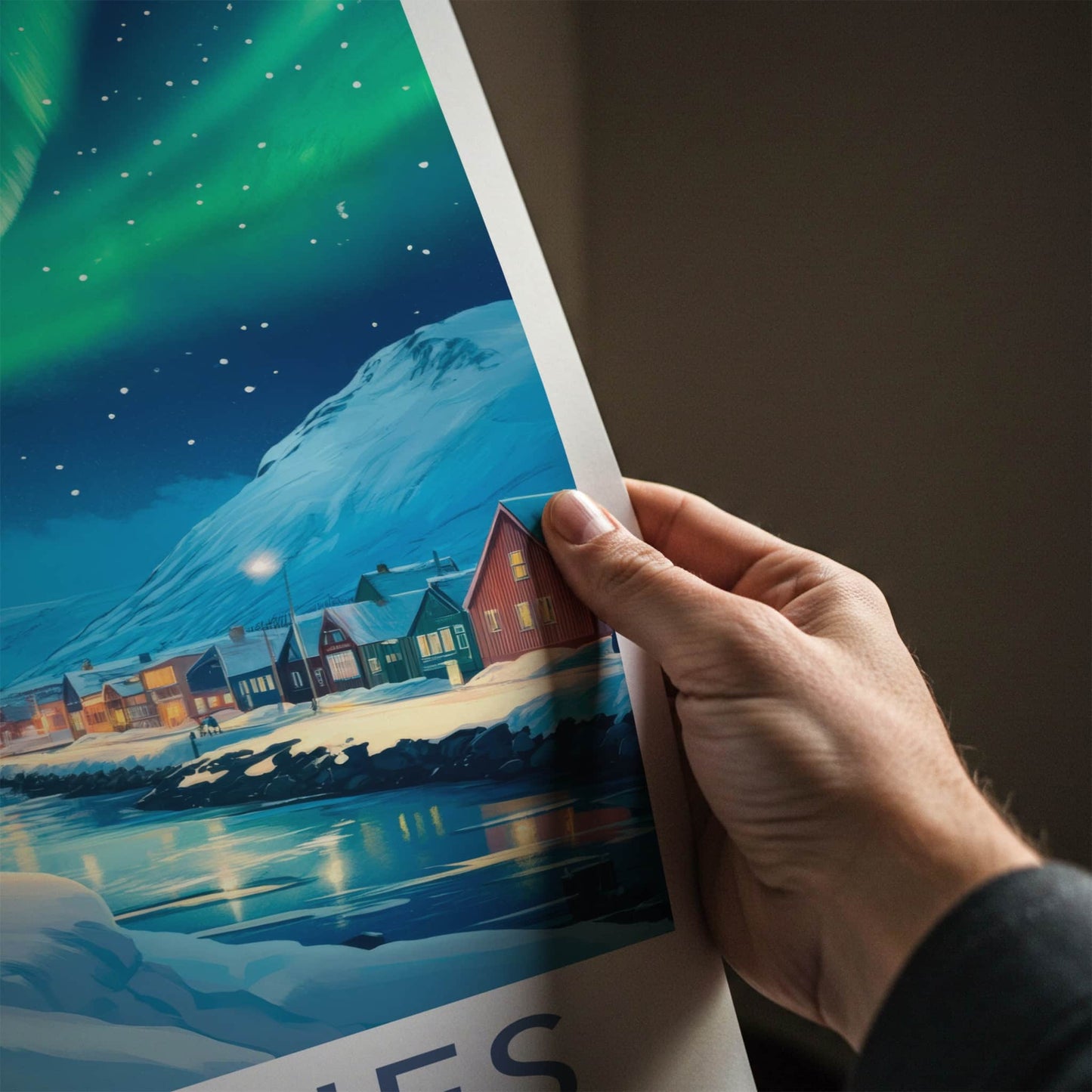 Kirkenes Poster - Norway Travel Art - Aurora Night Town Home Decor