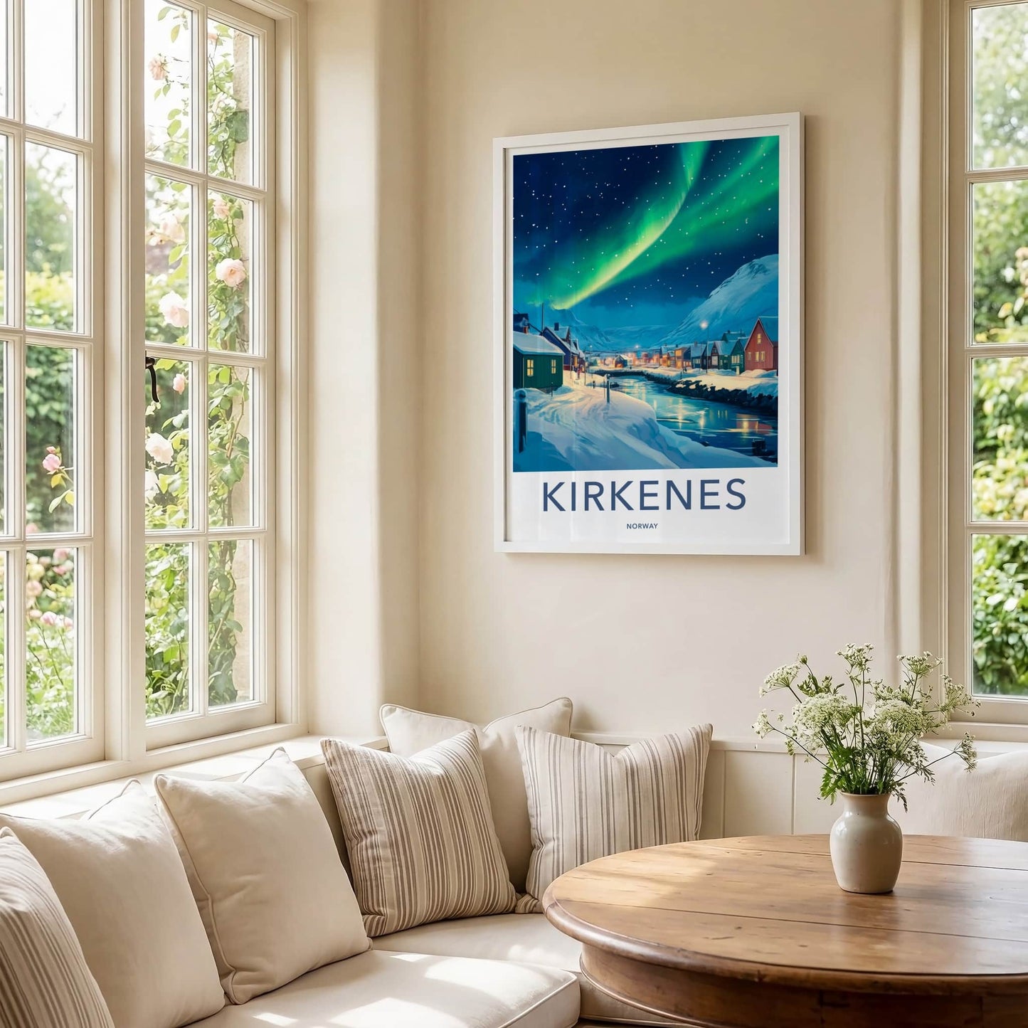Kirkenes Poster - Norway Travel Art - Aurora Night Town Home Decor