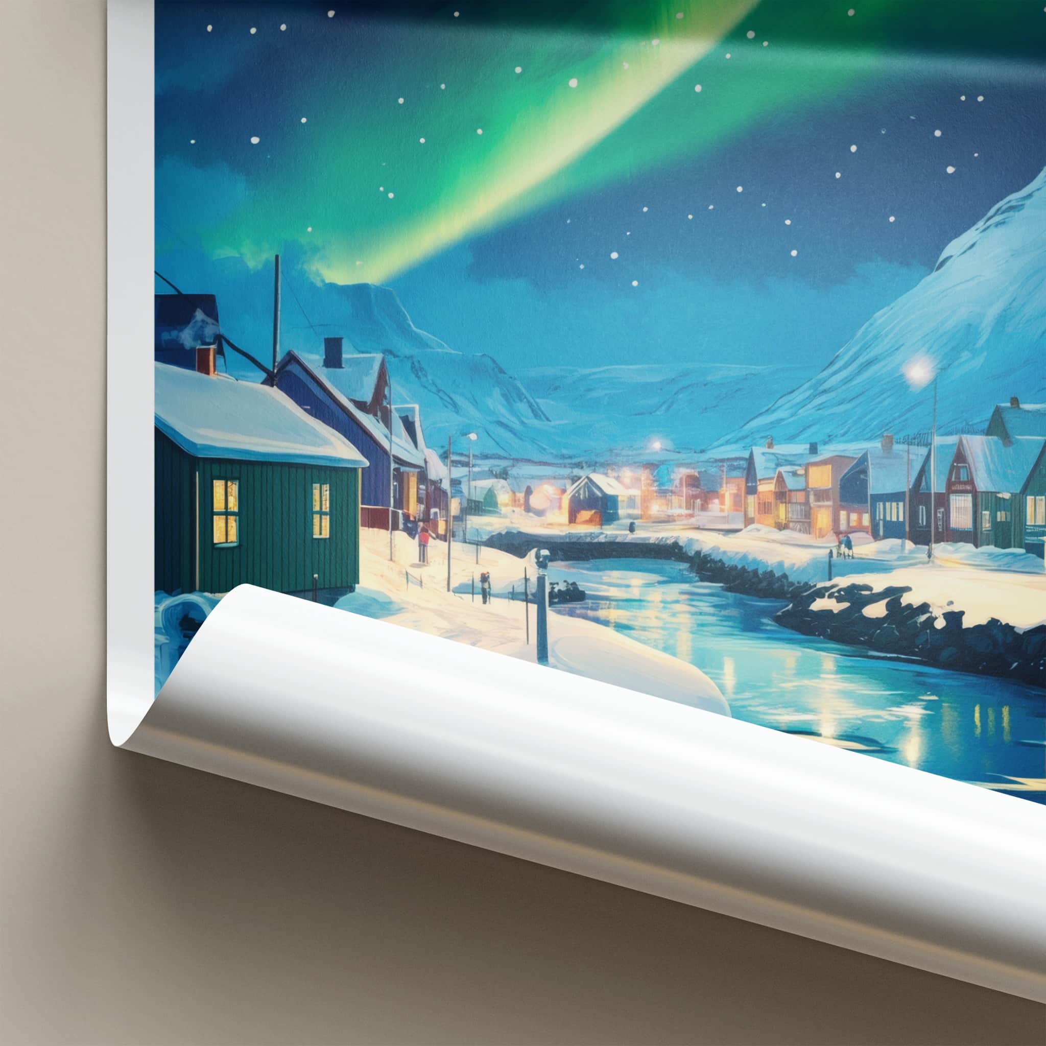 Kirkenes Poster - Norway Travel Art - Aurora Night Town Home Decor