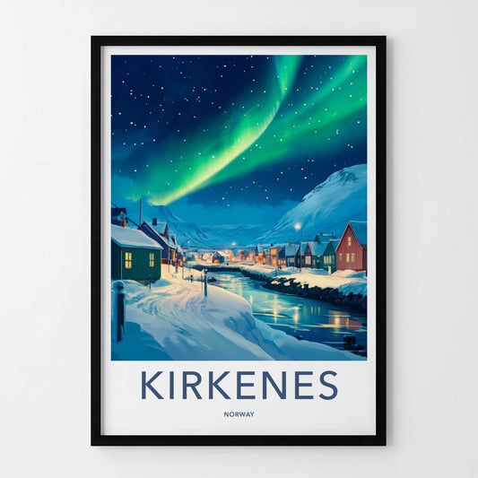 Kirkenes Poster - Norway Travel Art - Aurora Night Town Home Decor