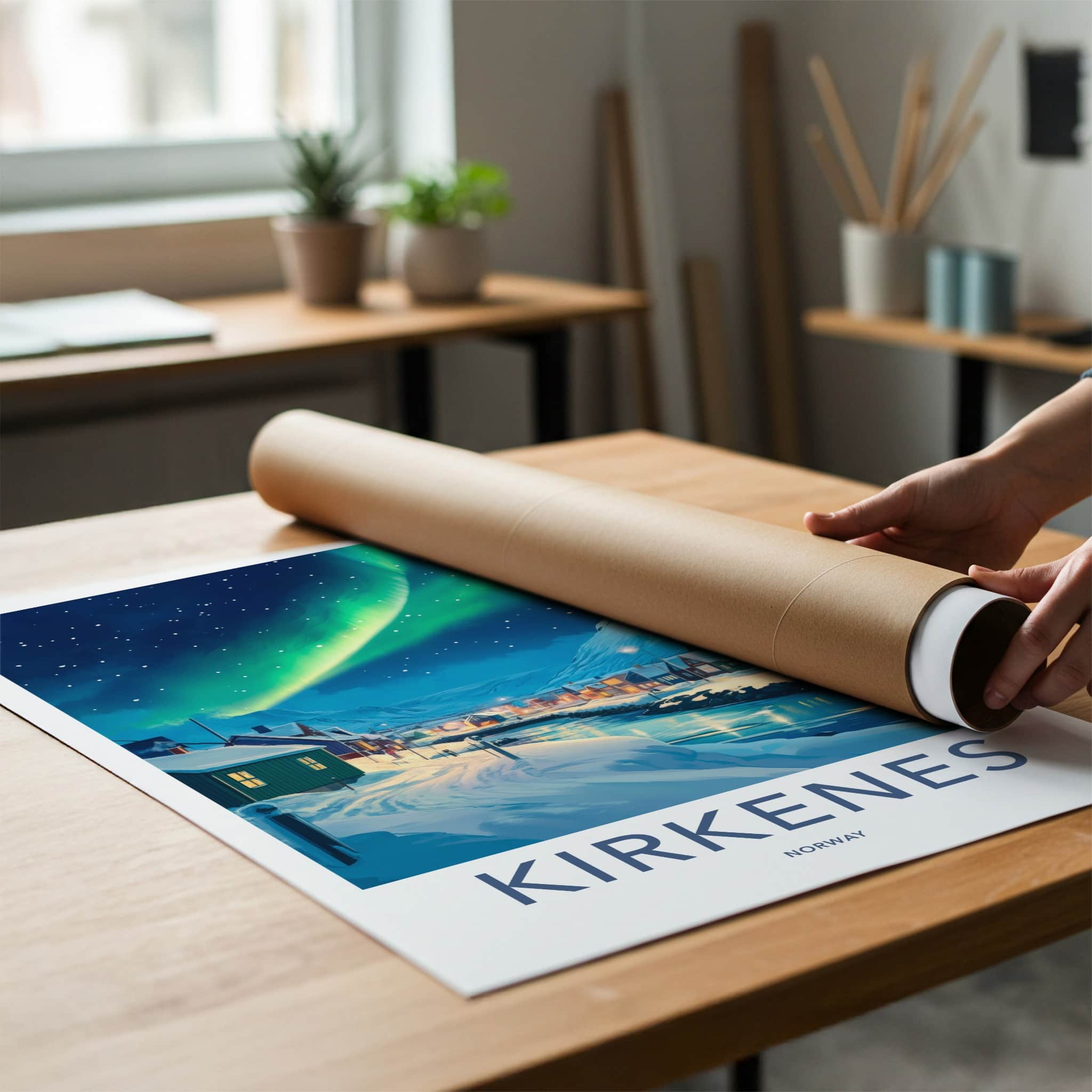 Kirkenes Poster - Norway Travel Art - Aurora Night Town Home Decor