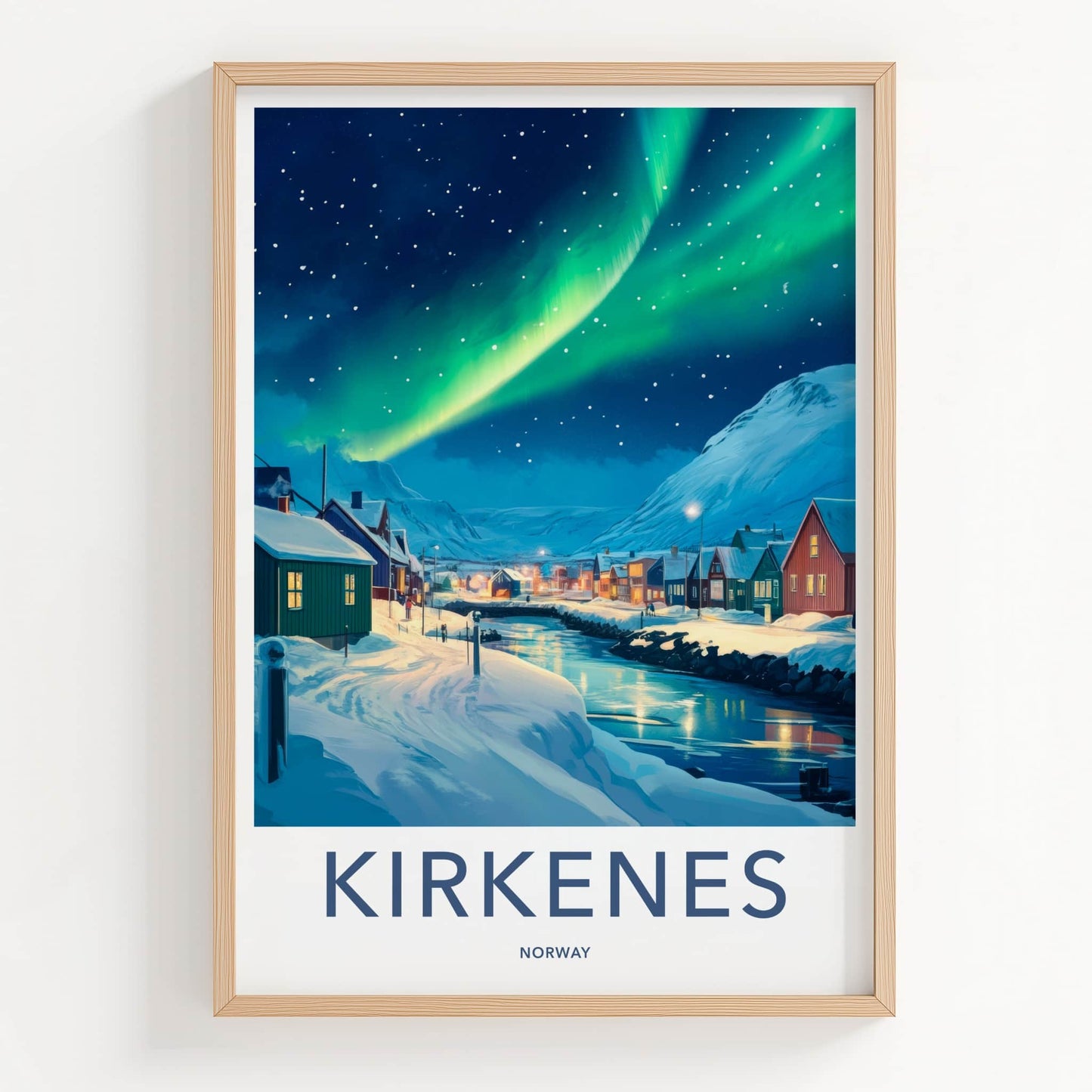Kirkenes Poster - Norway Travel Art - Aurora Night Town Home Decor