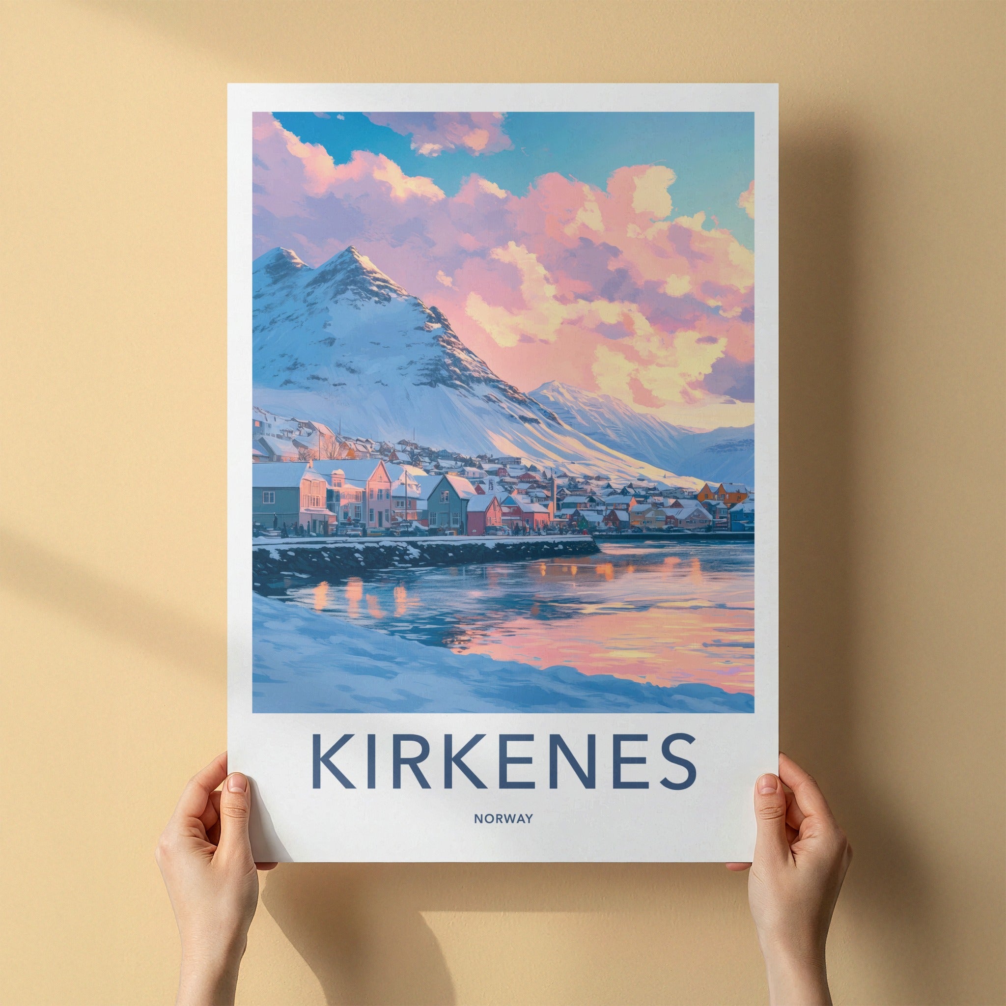 Kirkenes Poster - Norway Travel Art - Pastel Sky Mountain Home Decor