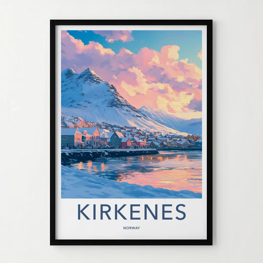 Kirkenes Poster - Norway Travel Art - Pastel Sky Mountain Home Decor
