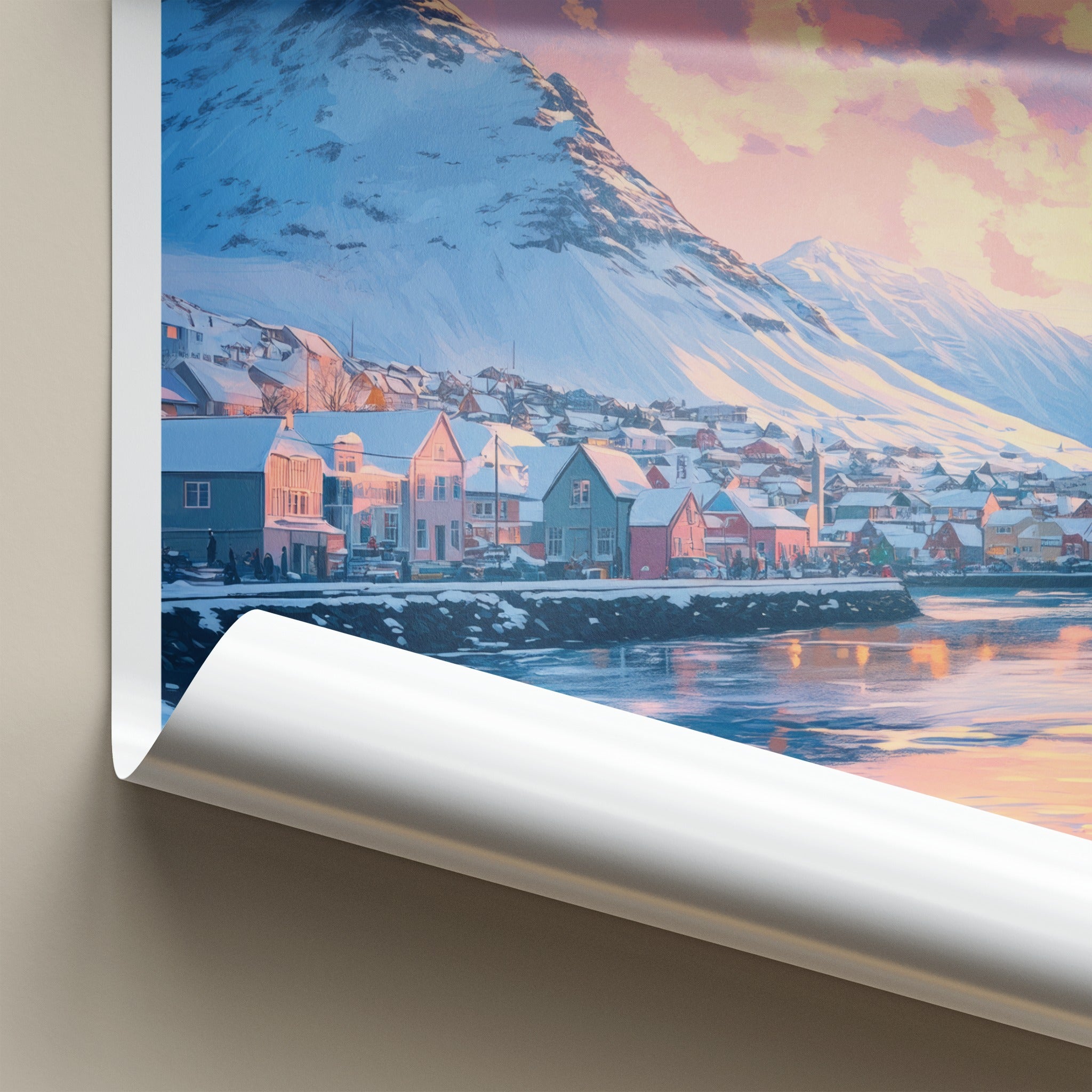 Kirkenes Poster - Norway Travel Art - Pastel Sky Mountain Home Decor