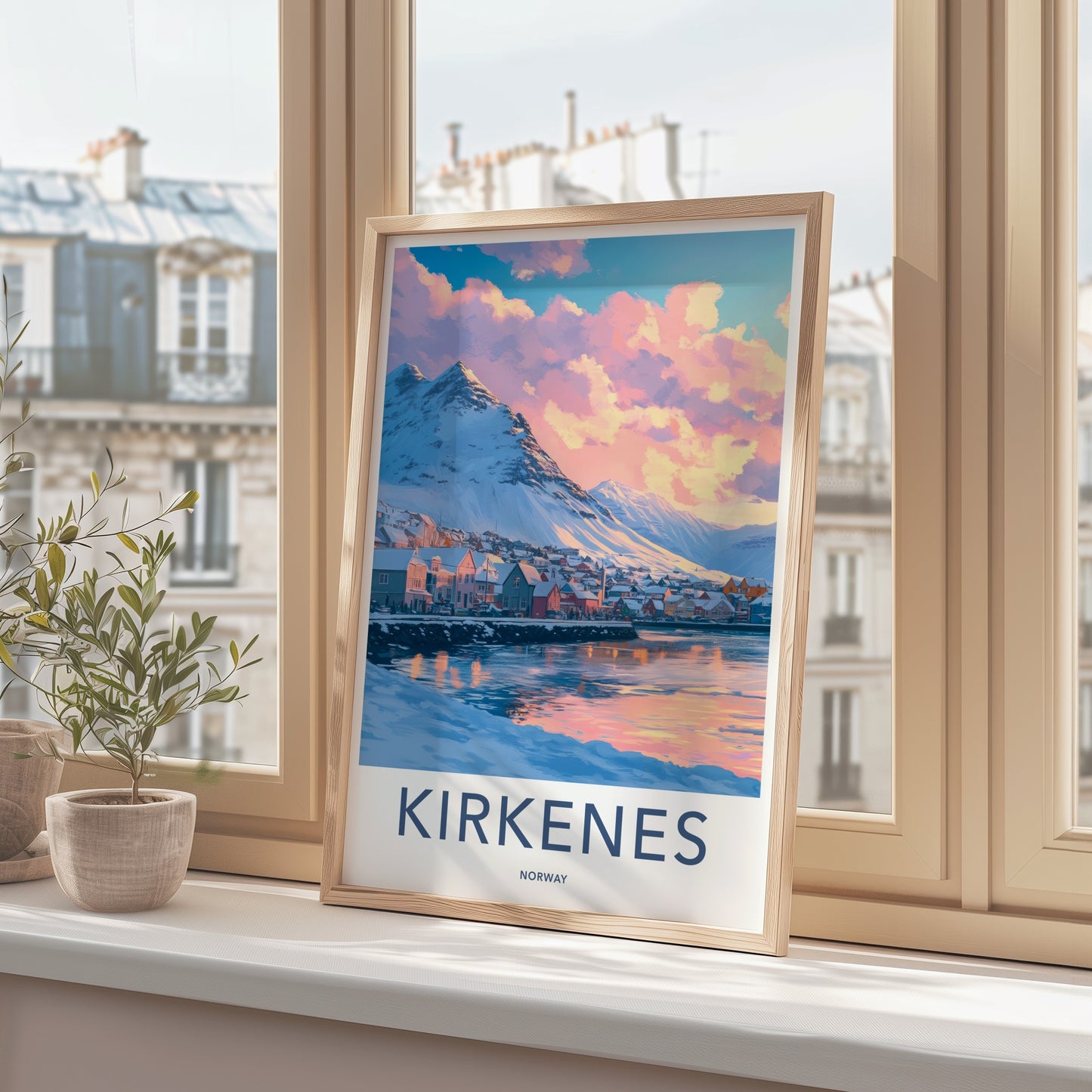 Kirkenes Poster - Norway Travel Art - Pastel Sky Mountain Home Decor