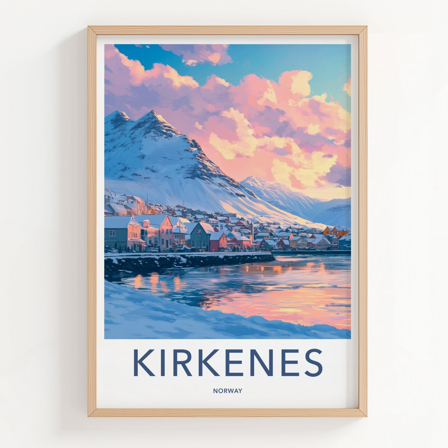 Kirkenes Poster - Norway Travel Art - Pastel Sky Mountain Home Decor